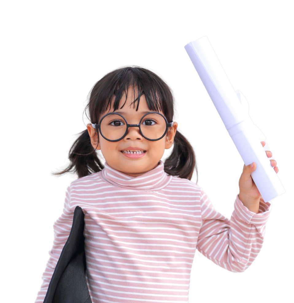 An child with glasses holding a diploma