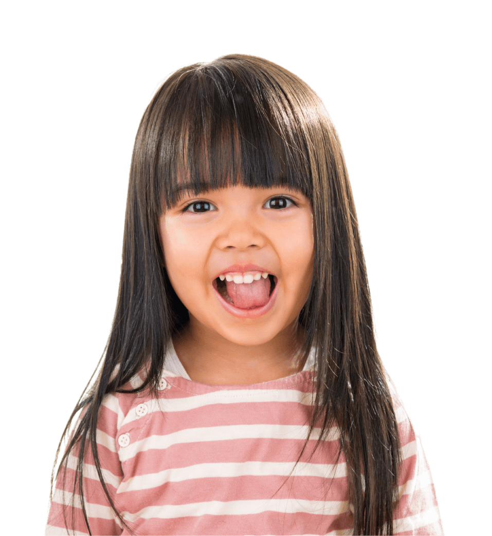 An adult holding up cards with a smiling child pointing and looking at them