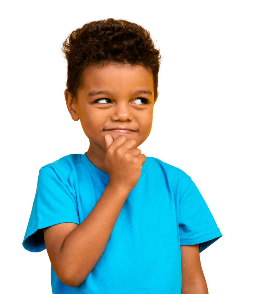 A child looking to the right with a finger on their chin