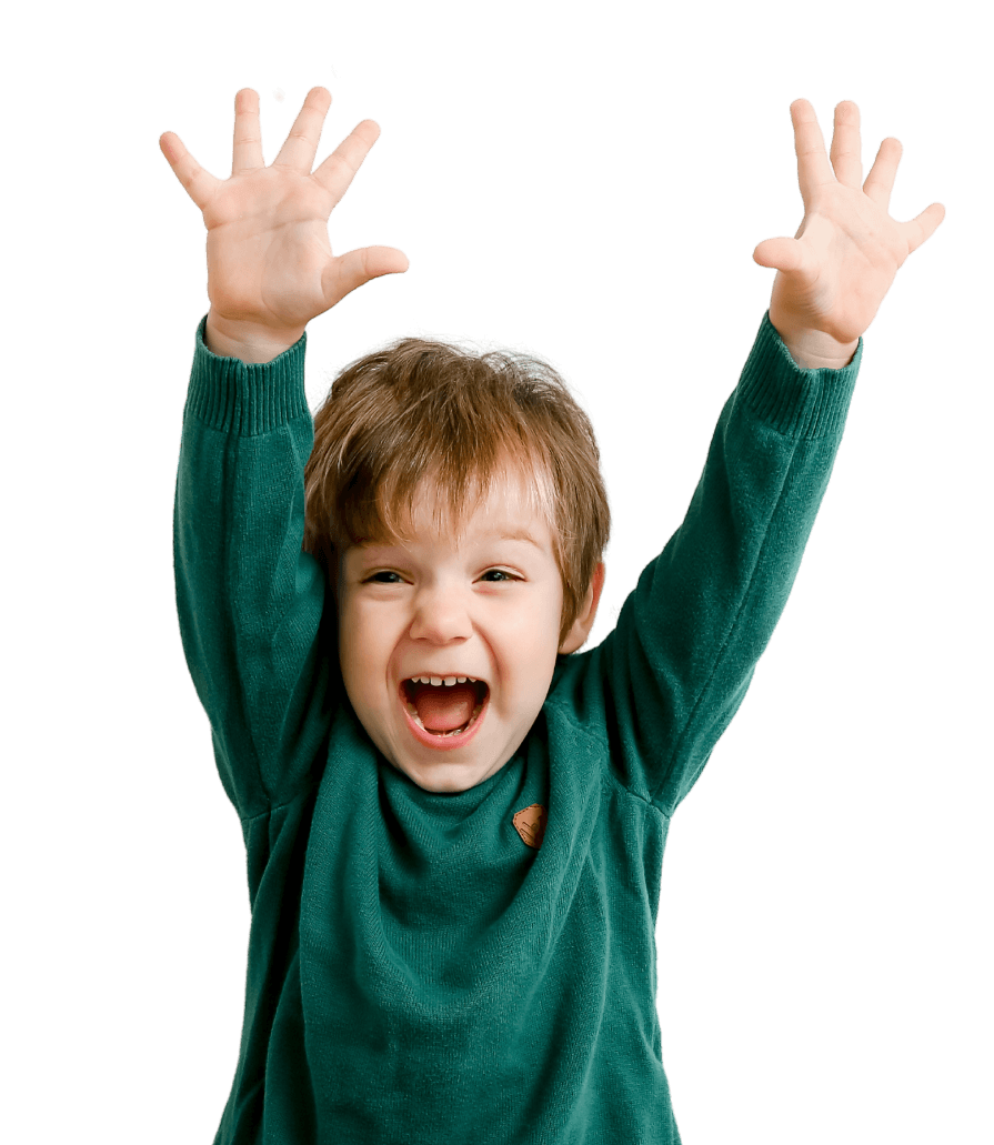 A photo of a smiling child with outstretched arms and a wide smile