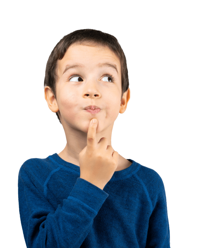 A child looking to the right with a finger on their chin
